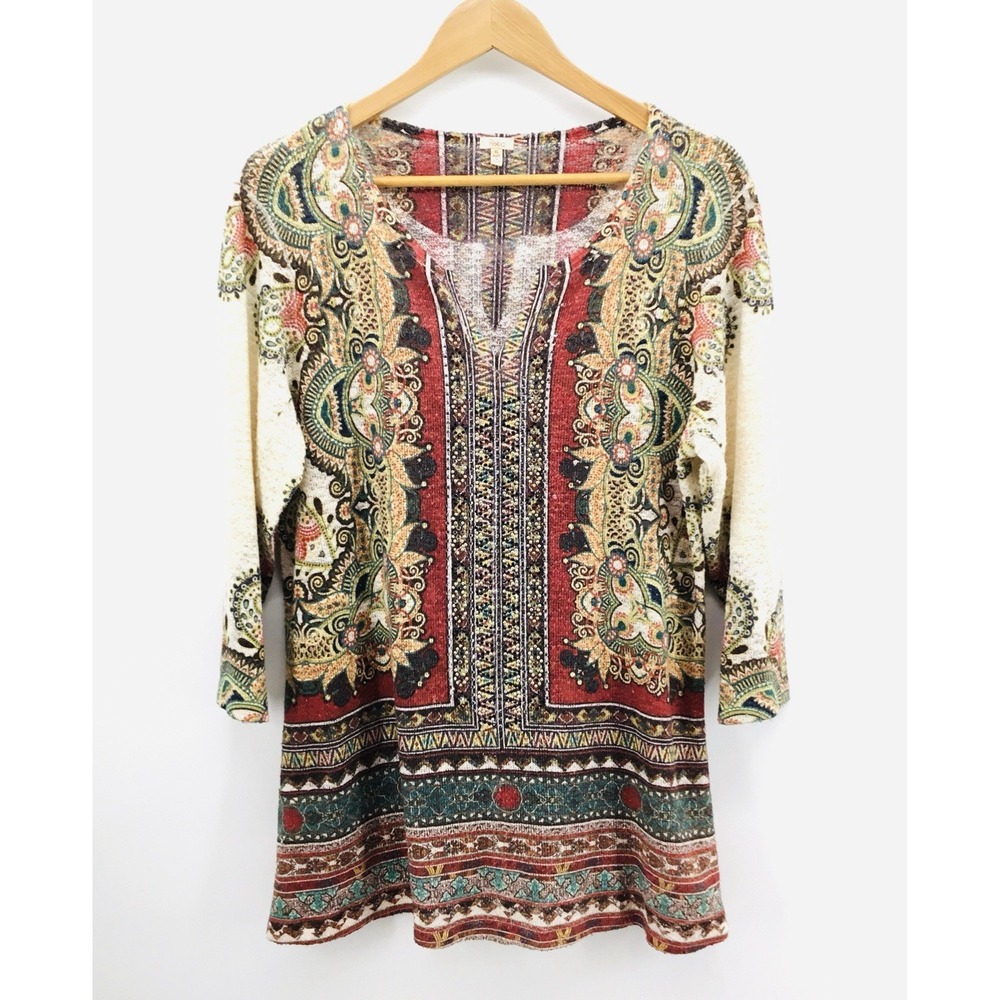 Reba‎ Tunic Women XL Sleeve Knit Festival Tribal Boho Rhinestone Artsy HH05
